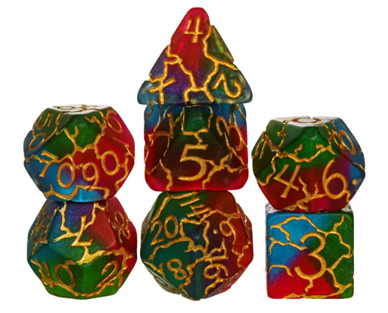 Mystic Aurora Crackle Nexus: 7-Dice RPG Set Translucent with Gold Crackle Effect