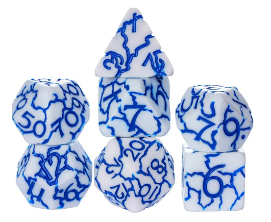 Frost Shard Crackle Nexus: 7-Dice RPG Set White with Blue Crackle Effect