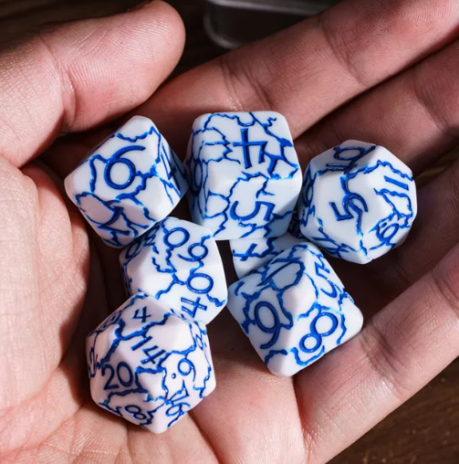 Frost Shard Crackle Nexus: 7-Dice RPG Set White with Blue Crackle Effect
