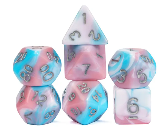 Satyr's Pain 7-Dice Set Blended Blue/Pink/White w/Silver Numbers Dnd Dice