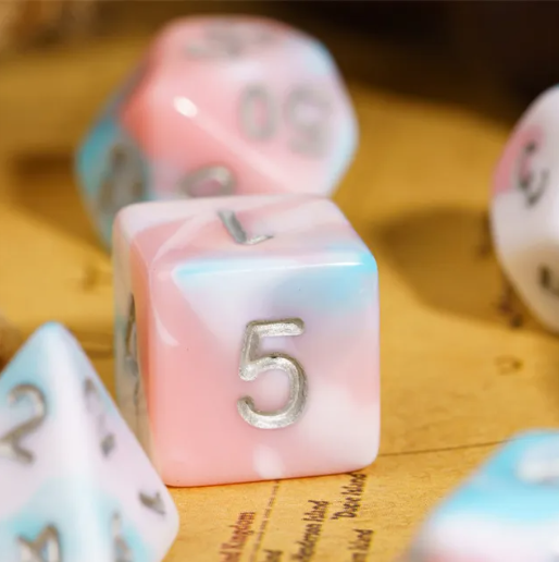 Satyr's Pain 7-Dice Set Blended Blue/Pink/White w/Silver Numbers Dnd Dice