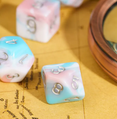 Satyr's Pain 7-Dice Set Blended Blue/Pink/White w/Silver Numbers Dnd Dice