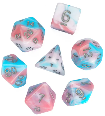 Satyr's Pain 7-Dice Set Blended Blue/Pink/White w/Silver Numbers Dnd Dice