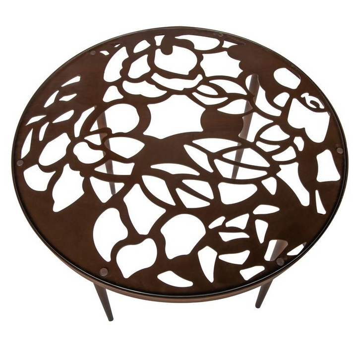 LeisureMod Devon Tree Design Glass Top Aluminum Base Indoor Outdoor Bistro Dining Table Brown Top View.