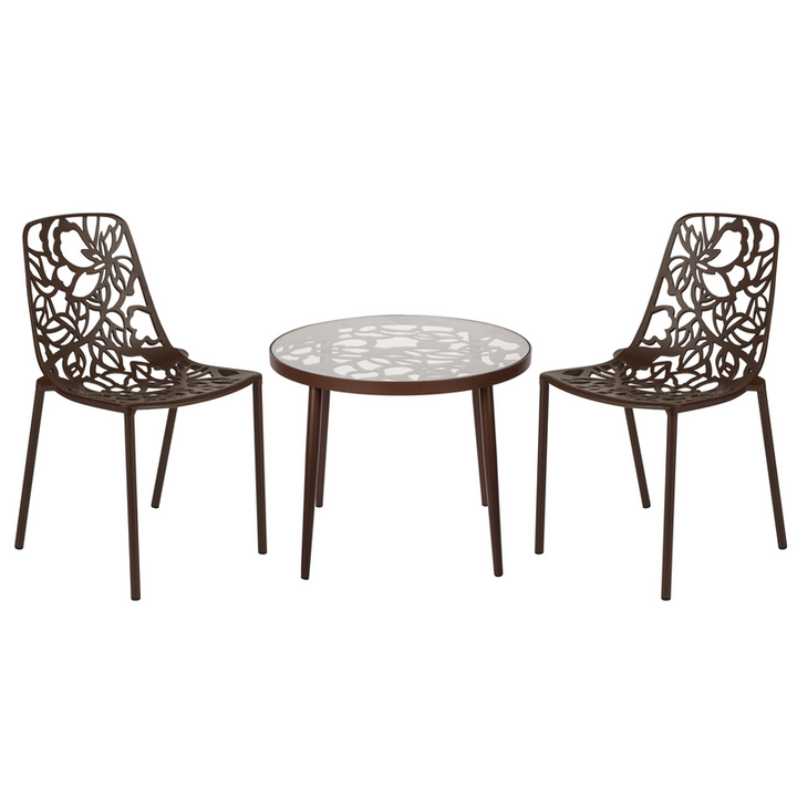 LeisureMod Devon Mid-Century Modern 3-Piece Aluminum Outdoor Patio Dining Set with Tempered Glass Top Table and 2 Stackable Flower Design Chairs Brown