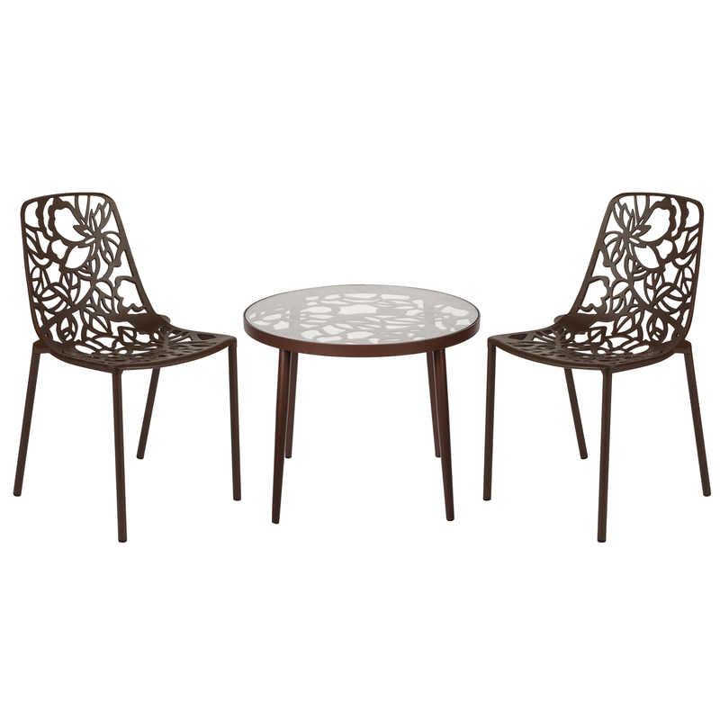 LeisureMod Devon Mid-Century Modern 3-Piece Aluminum Outdoor Patio Dining Set with Tempered Glass Top Table and 2 Stackable Flower Design Chairs Brown