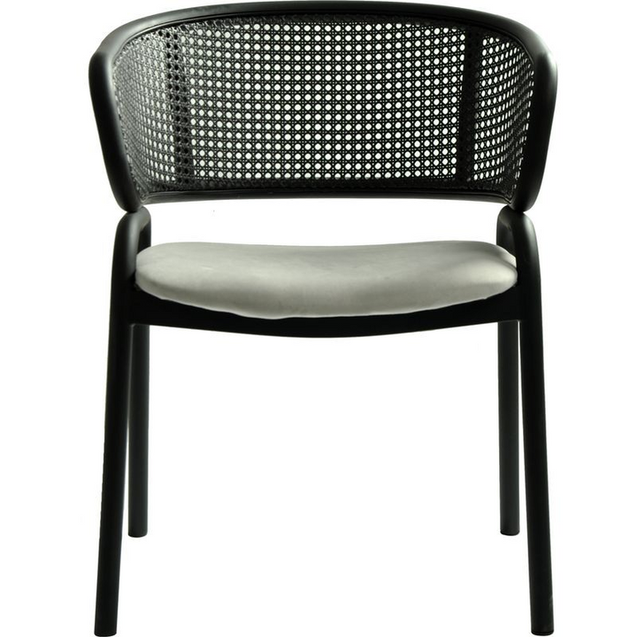 LeisureMod Ervilla Dining Armchair in Black Steel Frame with Black Wicker Back and Grey Seat Front View.