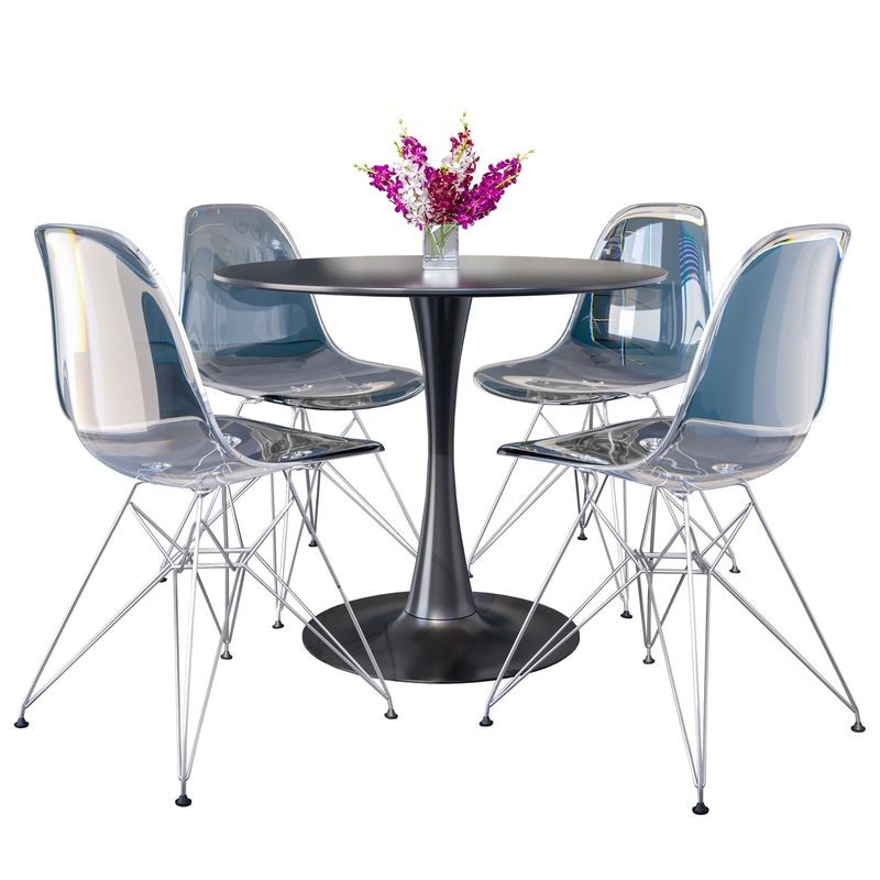 LeisureMod 5-Piece Dining Set 35" Round Dining Table in Black Iron 4 ABS Plastic Side Chair in Chrome Clear
