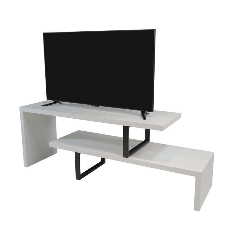 LeisureMod Orford Mid-Century Modern TV Stand with MDF Shelves and Powder Coated Iron Legs in White Angled View.