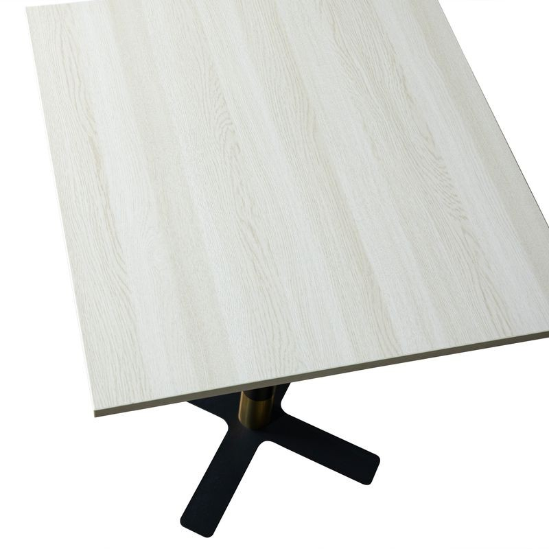 LeisureMod Vail Collection Dining Table Black/Gold X Base With 24" Square Light Wood Brown MDF Top Closeup.