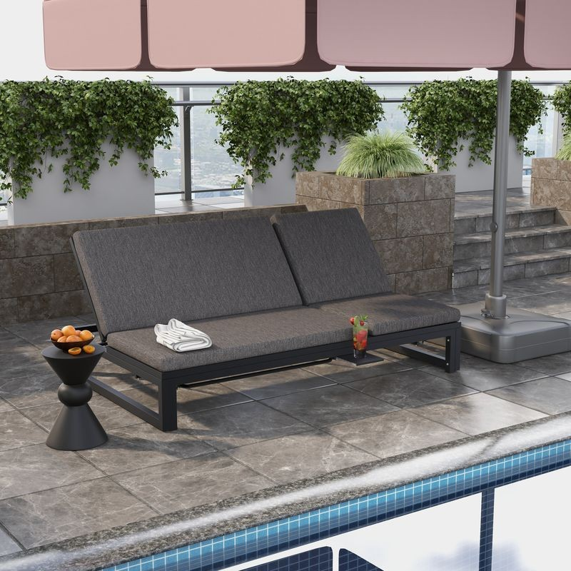 LeisureMod Chelsea Convertible Lounge Reclining Double Chaise with Cushions Black Poolside.