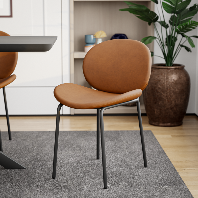 LeisureMod Servos Modern Dining Side Chair with Upholstered Faux Leather Seat and Powder Coated Iron Frame for Kitchen and Dining Room Dark Brown with Background.