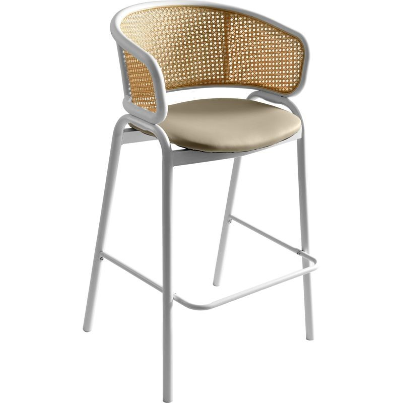 LeisureMod Ervilla Wicker Bar Stool with Fabric Seat and White Steel Frame in Taupe