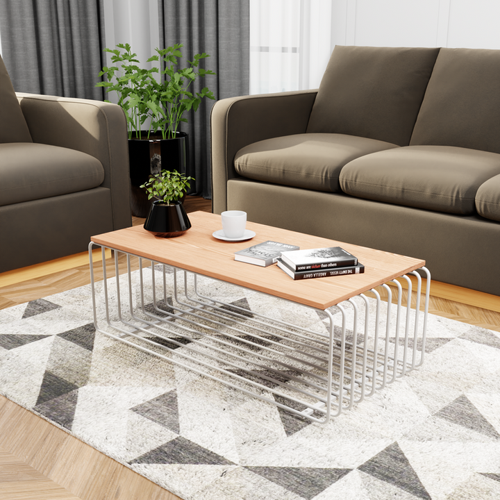 LeisureMod Walden Rectangular Coffee Table with Ash Veneer Top and Powder Coated Steel Frame in White