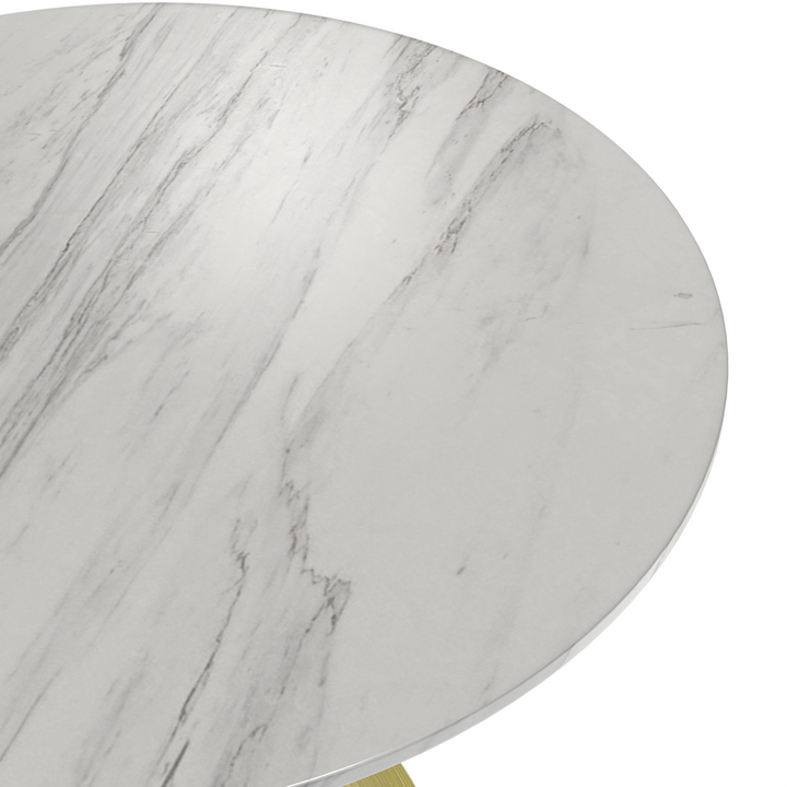 LeisureMod Verve Collection 36 Round Dining Table, Brushed Gold Base with Sintered Stone White Top