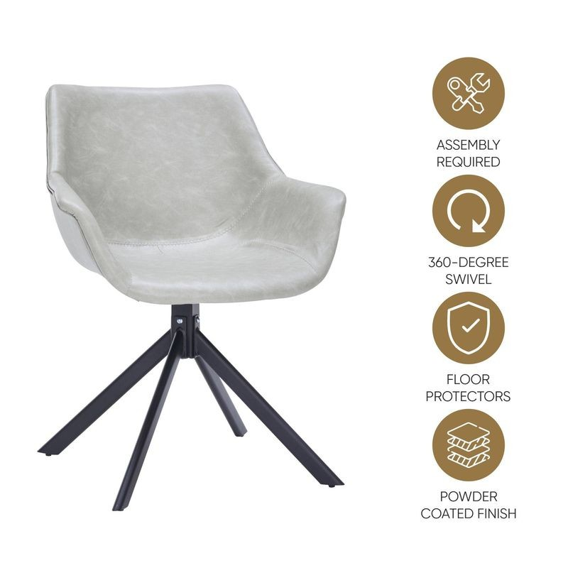 Gray chair with black base on a white background, featuring assembly, swivel, floor protector, and finish icons.