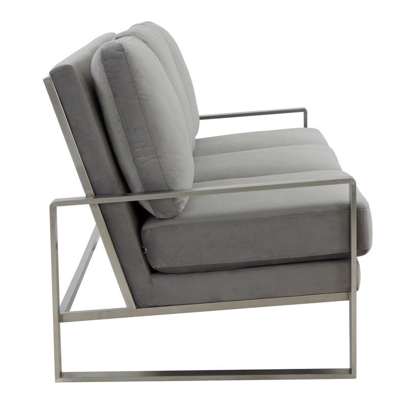 LeisureMod Jefferson Contemporary Modern Design Velvet Sofa with Silver Frame Light Grey Side View.