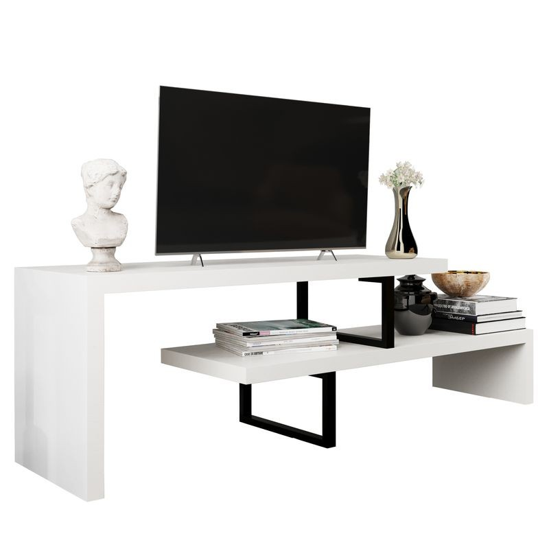 LeisureMod Orford Mid-Century Modern TV Stand with MDF Shelves and Powder Coated Iron Legs in White