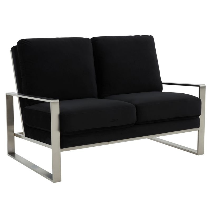 Leisuremod Jefferson Contemporary Modern Velvet Loveseat with Silver Frame Black
