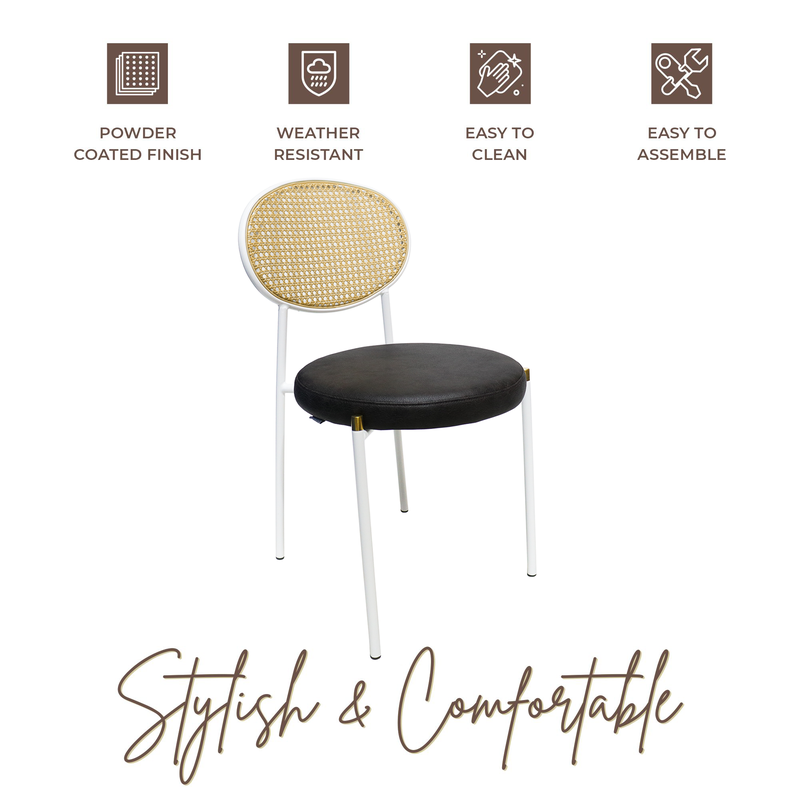 Chair with rattan backrest and black seat, featuring durability and ease of use icons on a white background.