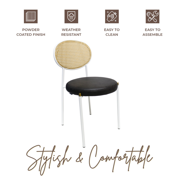 Chair with rattan backrest and black seat, featuring durability and ease of use icons on a white background.