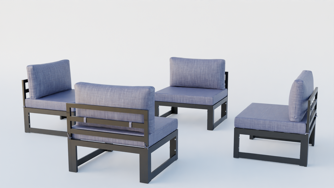 LeisureMod Chelsea 4-Piece Middle Patio Chairs Black Aluminum with Cushions Blue Image.