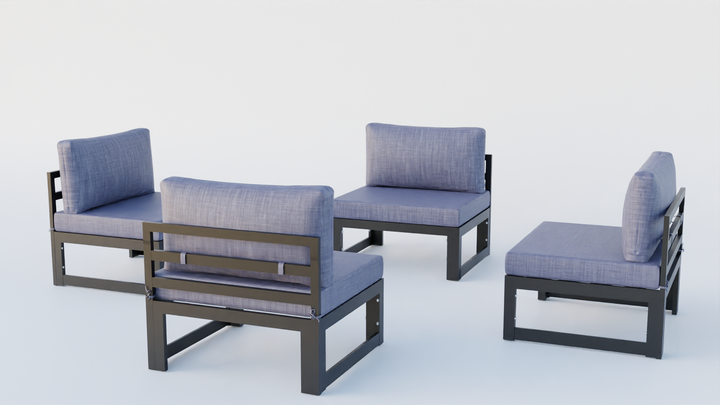 LeisureMod Chelsea 4-Piece Middle Patio Chairs Black Aluminum with Cushions Blue Image.