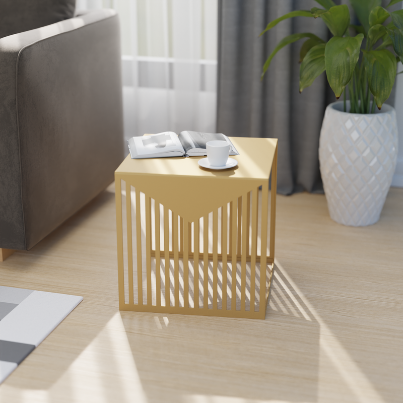 LeisureMod Cisco Modern Square Steel Side Table with Powder Coated Finish Gold by Couch.