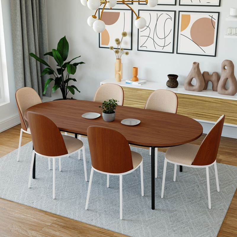 LeisureMod Tule Mid-Century Modern Dining Side Chair with Leather Seat and White Powder-Coated Steel Frame Walnut/Light Brown at Table.