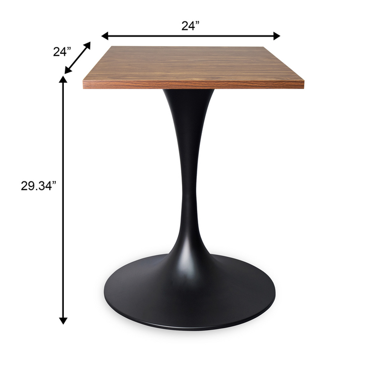 LeisureMod Verve Collection 24 Square Dining Table, Black Base with Cognac Brown MDF Top Dimensions.
