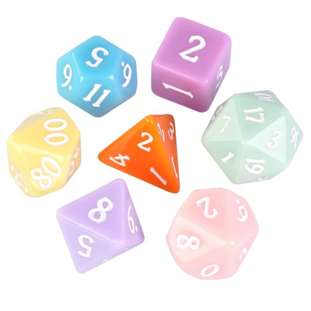 Multi-Color Macaron 7-Dice Set w/White Numbers Pastel Dnd Dice Set