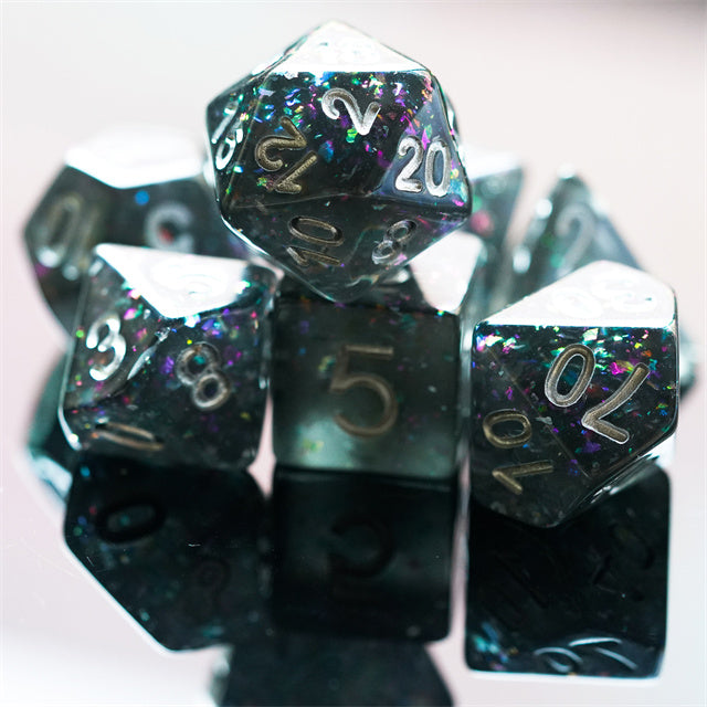 Black Cloud Brocade Powder 7-Dice Dnd Dice | Glitter w/Silver Numbers Set