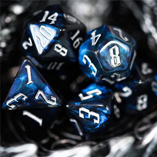 Glitter Party Black Glitter Dice (White font) 7-Dice Set