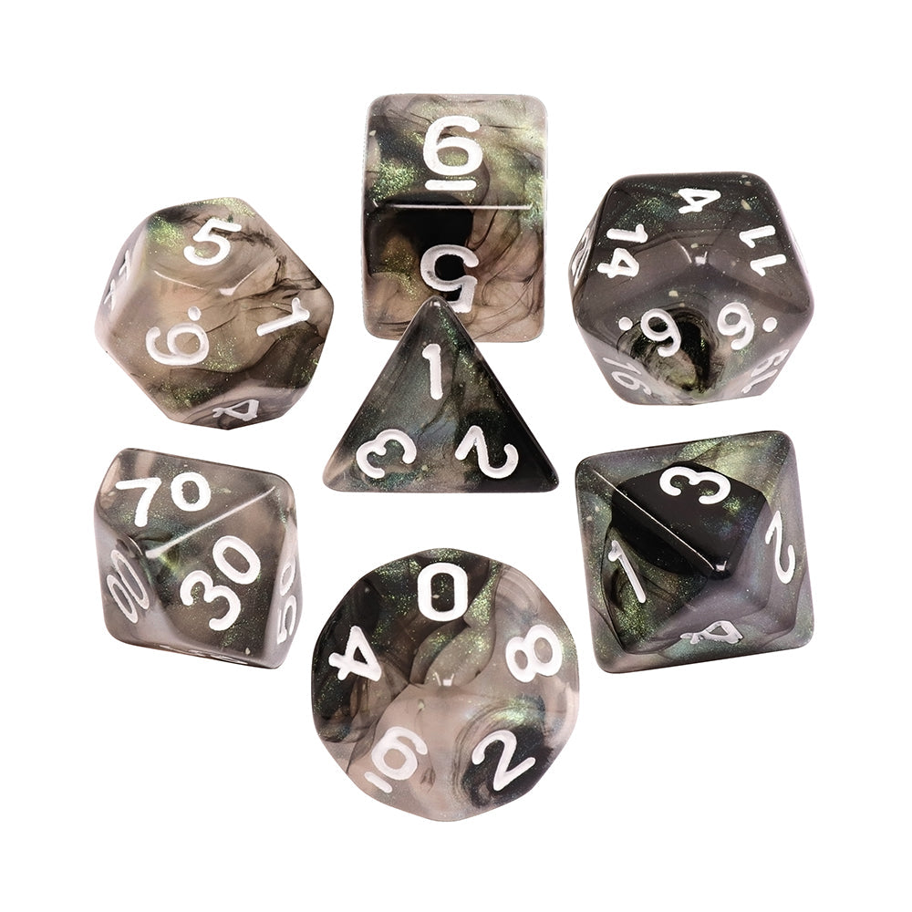 Stellar Explosion 7-Dice Set Black/Silver w/White Numbers Dnd Dice Set (Blacklight reactive)