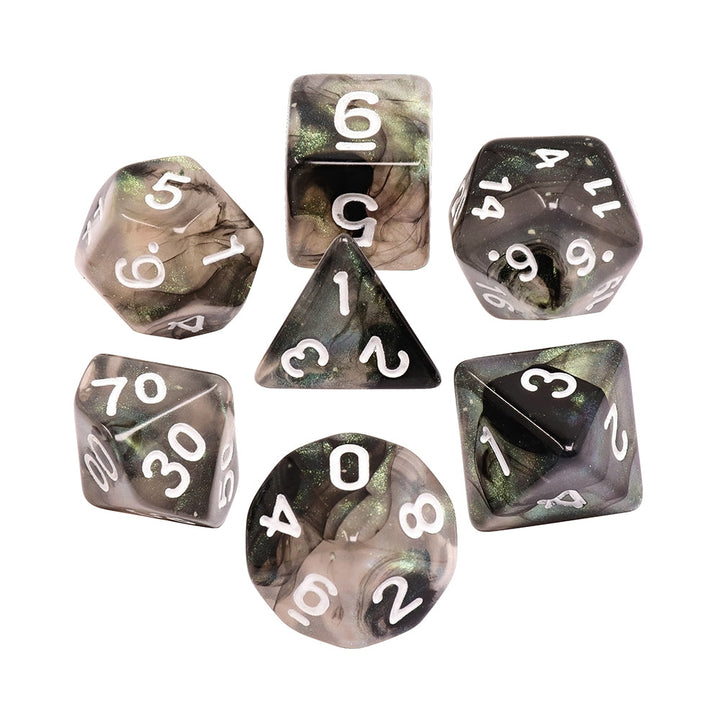 Stellar Explosion 7-Dice Set Black/Silver w/White Numbers Dnd Dice Set (Blacklight reactive)