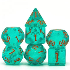 Blue/Teal Glitter Party Dice (Red/Orange font) 7-Dice Set RPG DND