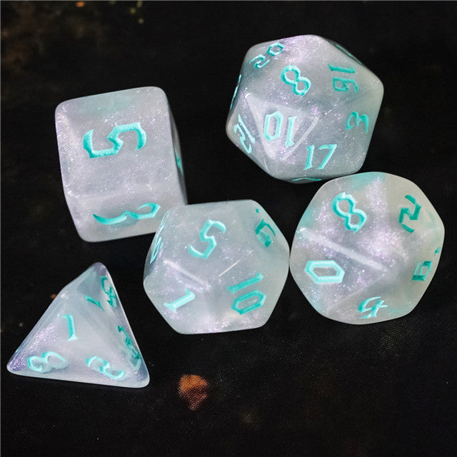 Glitter Party White Glitter Dice (Mint font) 7-Dice Set RPG DND