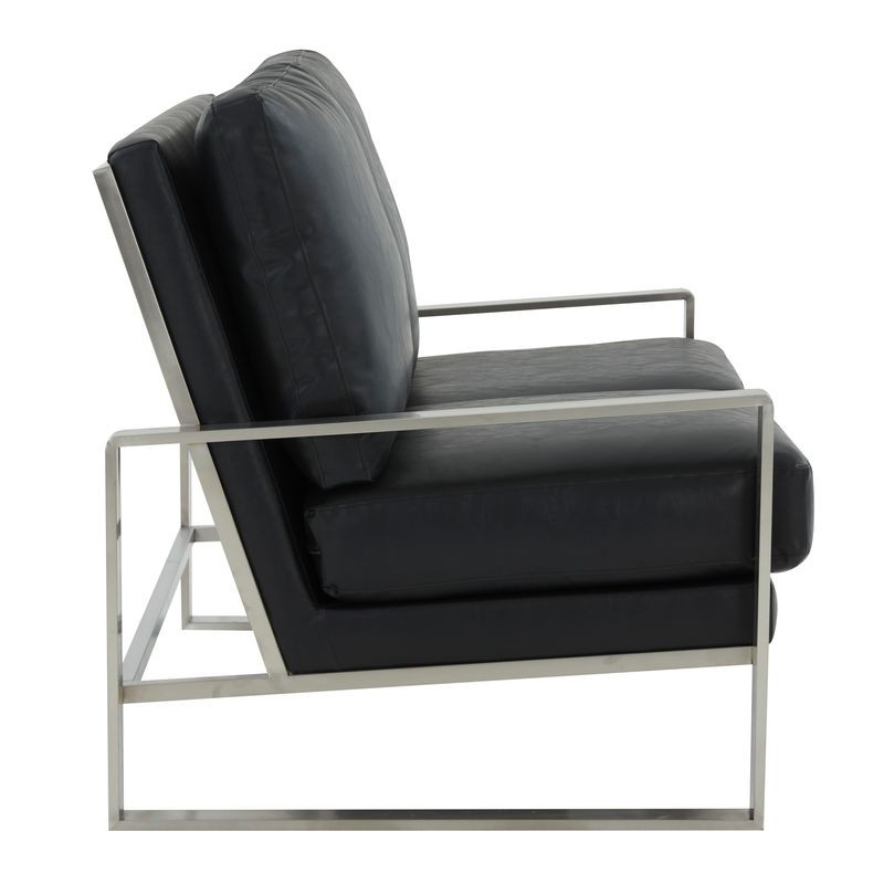 Leisuremod Jefferson Contemporary Modern Faux Leather Loveseat with Silver Frame Black Side View.