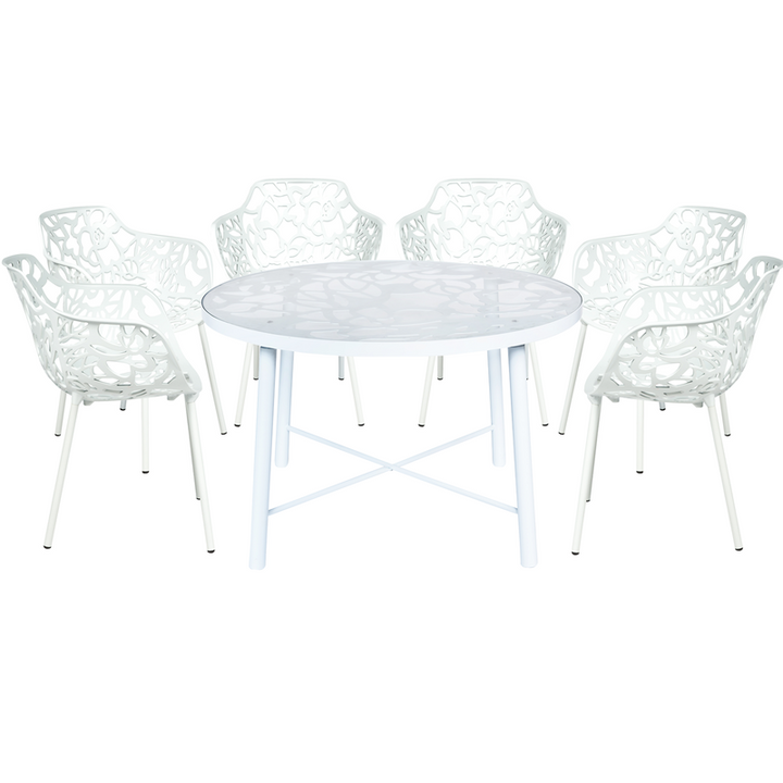 LeisureMod Devon Mid-Century Modern 7-Piece Aluminum Outdoor Patio Dining Set with Tempered Glass Top Table and 6 Stackable Flower Design Armchairs White