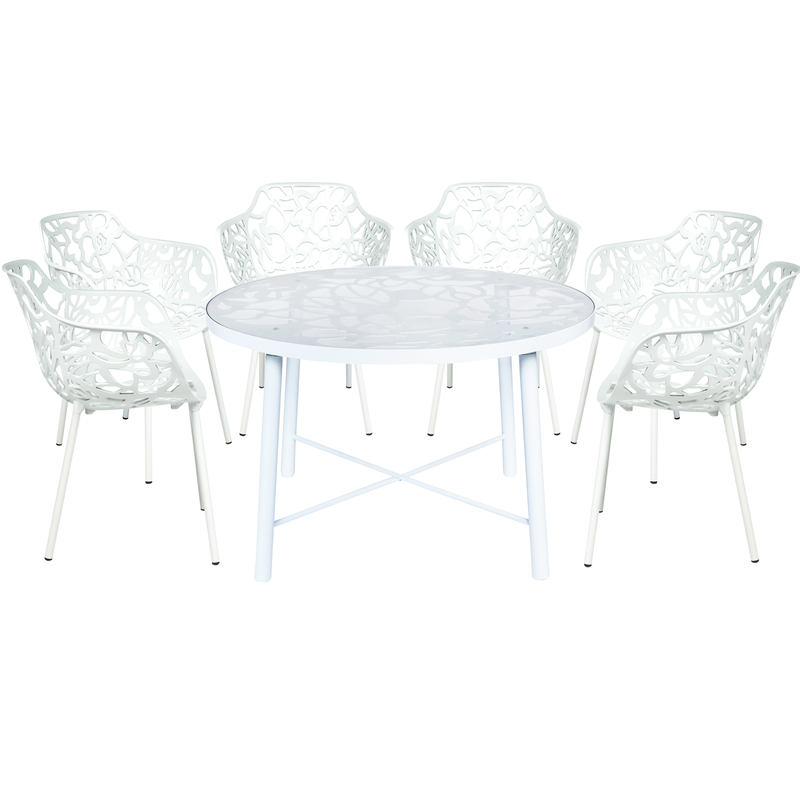 LeisureMod Devon Mid-Century Modern 7-Piece Aluminum Outdoor Patio Dining Set with Tempered Glass Top Table and 6 Stackable Flower Design Armchairs White