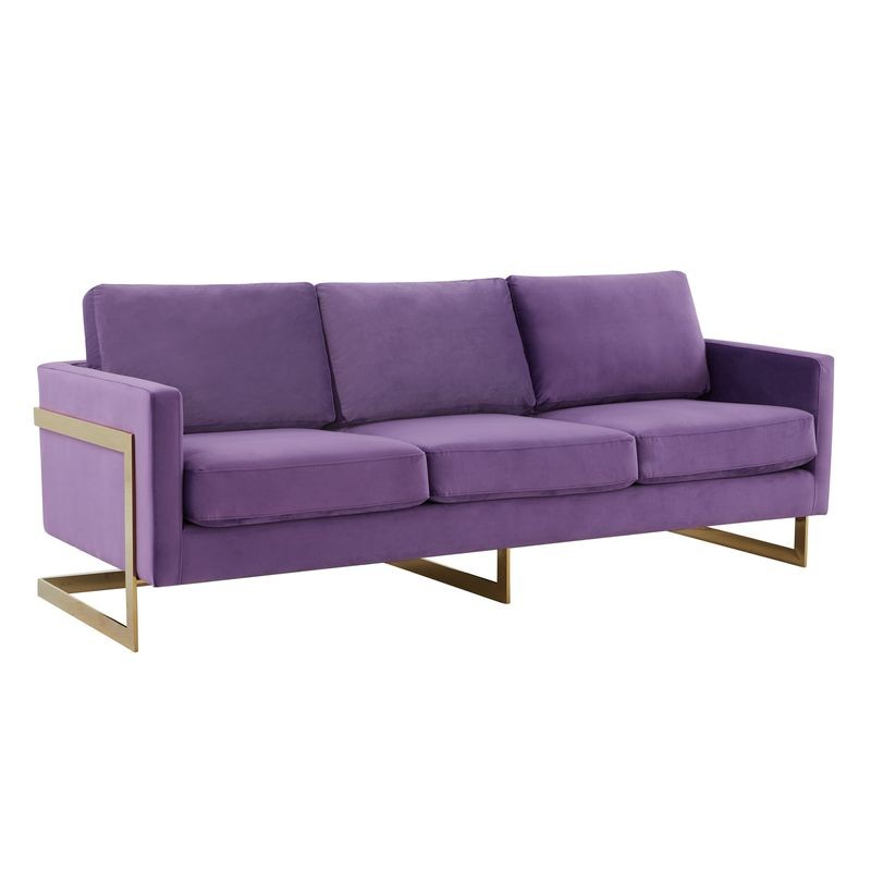 LeisureMod Lincoln Modern Mid-Century Upholstered Velvet Sofa with Gold Frame Purple