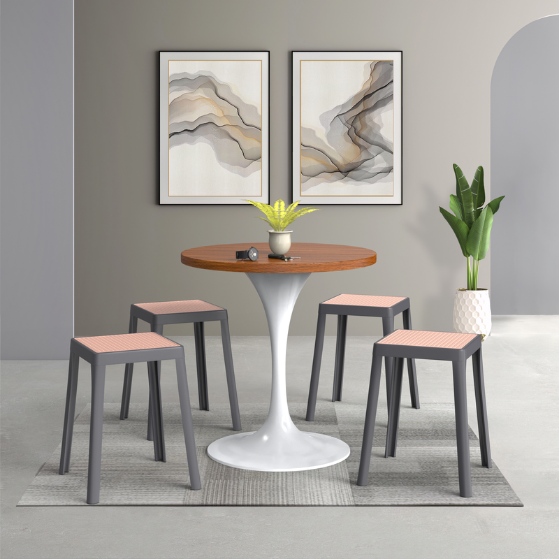 LeisureMod Tresse Series Stackable Poly Stool with Wicker Top in Grey at Table.