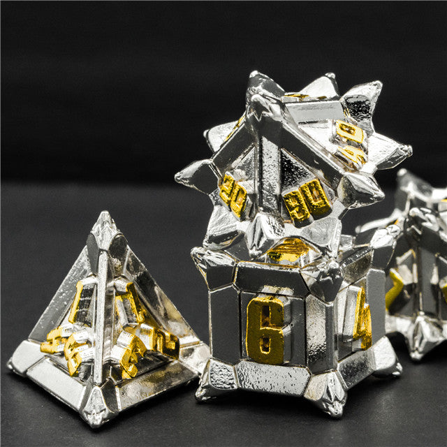 White w/Gold Pinwheel Strengthened Metal 7-Dice Set | Metal DND Dice