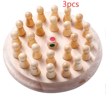 Wooden chess pieces on a round board with three additional pieces on a white background.