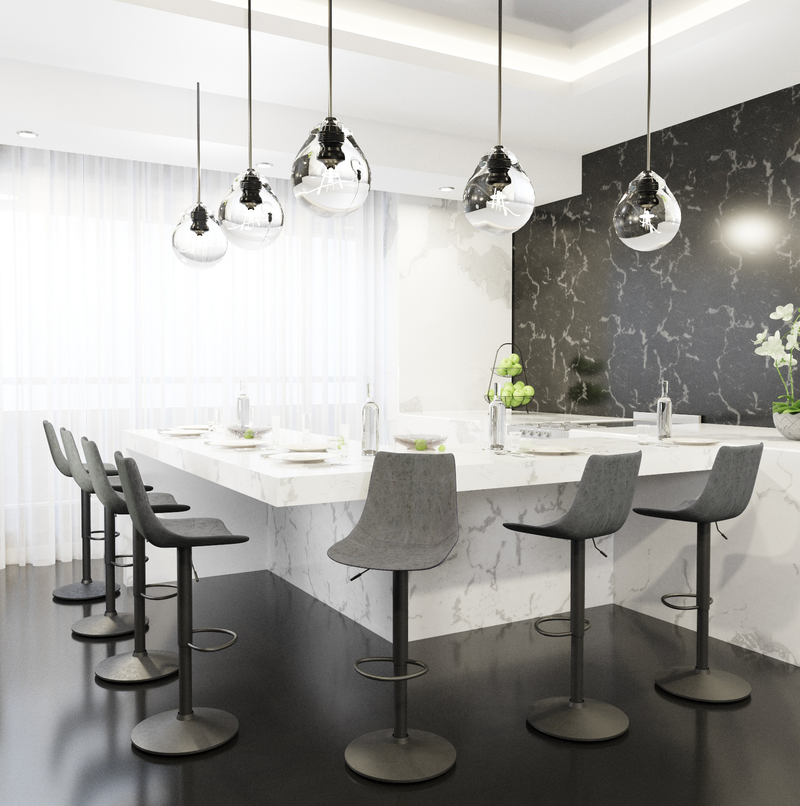 LeisureMod Tilbury Modern Adjustable Bar Stool with Footrest and 360-Degree Swivel in Grey at Bar.