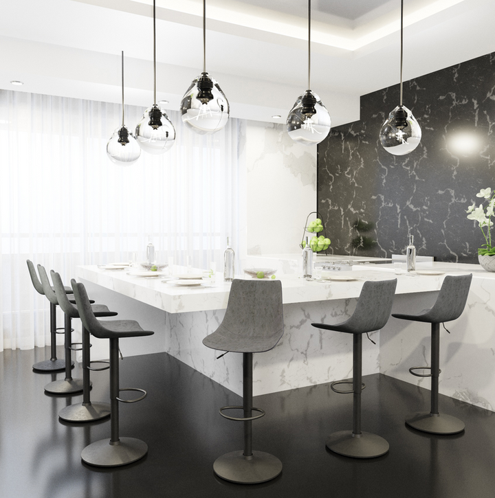 LeisureMod Tilbury Modern Adjustable Bar Stool with Footrest and 360-Degree Swivel in Grey at Bar.
