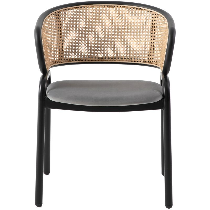Leisuremod Ervilla Modern Dining Chair with Stainless Steel Legs Velvet Seat and Wicker Back Grey Front View.