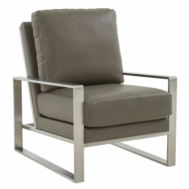 LeisureMod Jefferson Faux Leather Modern Design Accent Armchair with Elegant Silver Frame Grey Angled View.