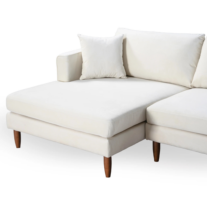Blake L-Shaped Cream Velvet Sectional Sofa Left Facing Closeup.