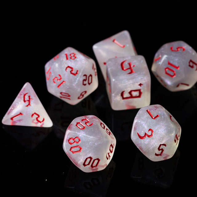 Glitter Party White Glitter Dice (Red font) 7-Dice Set